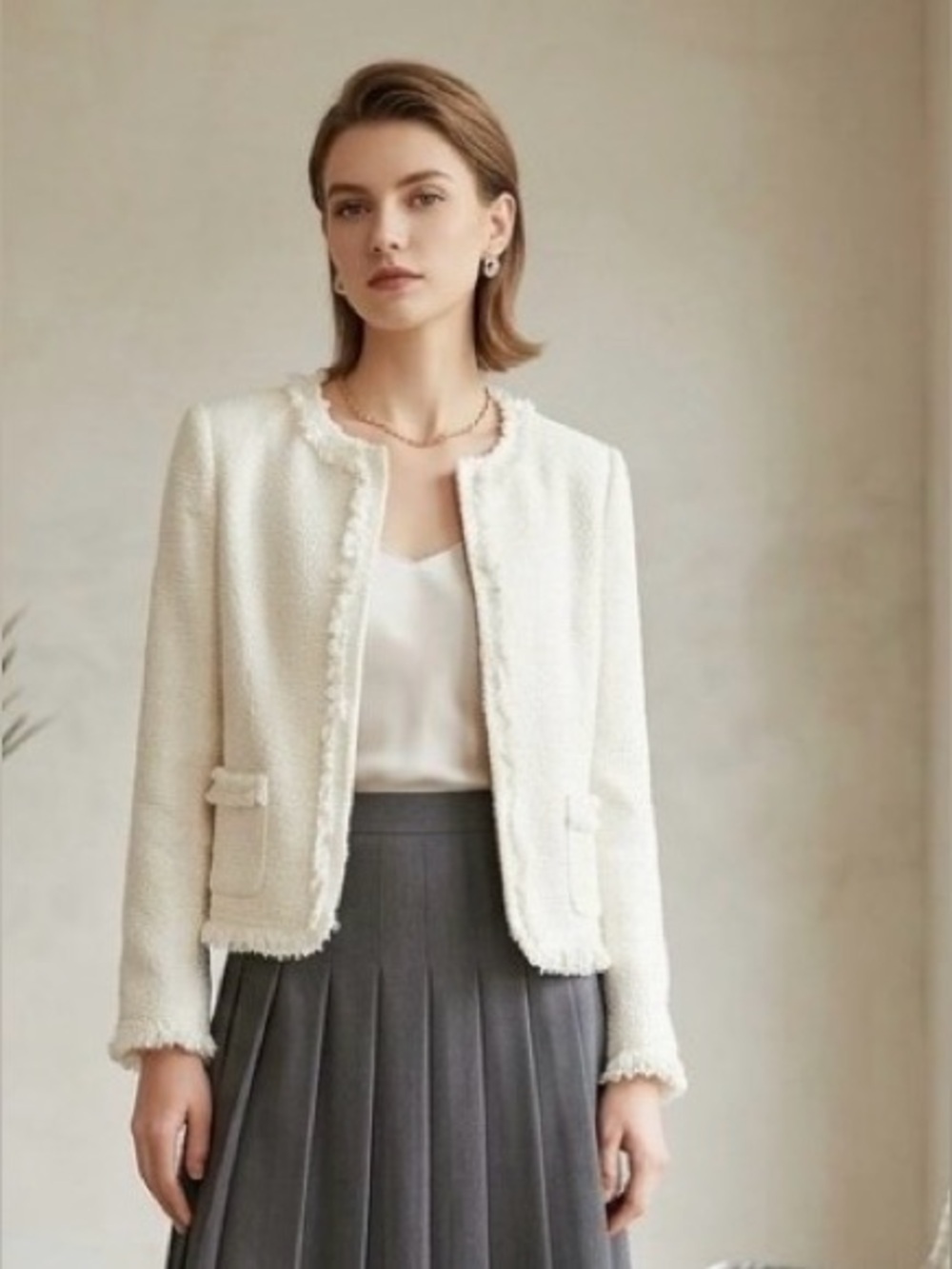Alice + Olivia White Tinsel Tweed Frayed Trim Jacket